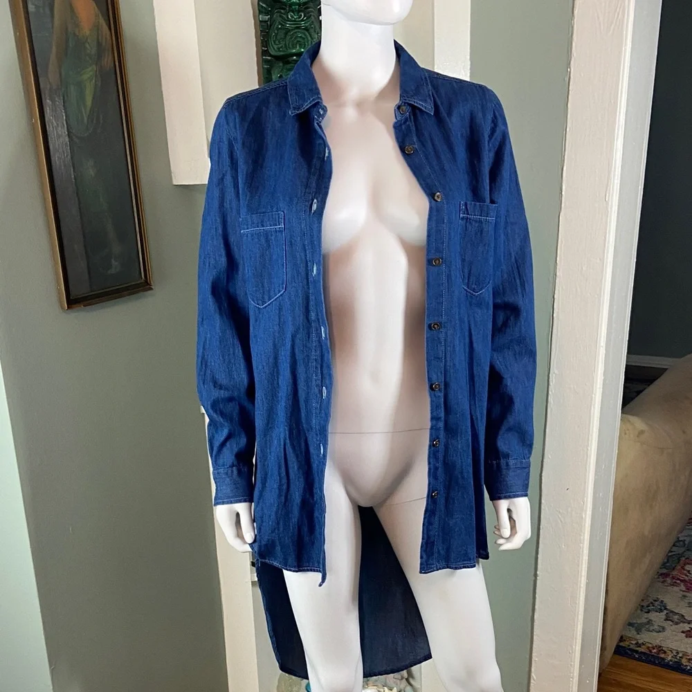 Say What? Denim Chambray High Low Tuxedo Shirttail Tunic Shirt Blouse Top Medium